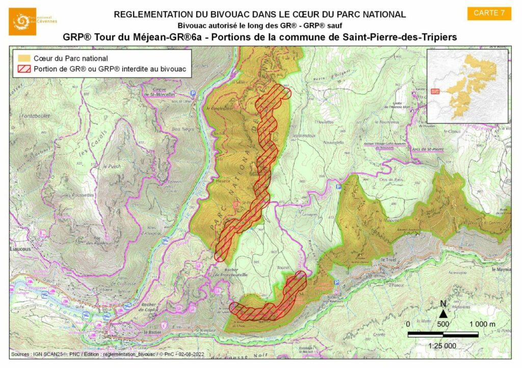 Zones interdites au bivouac dans le parc national des Cévennes Méjean